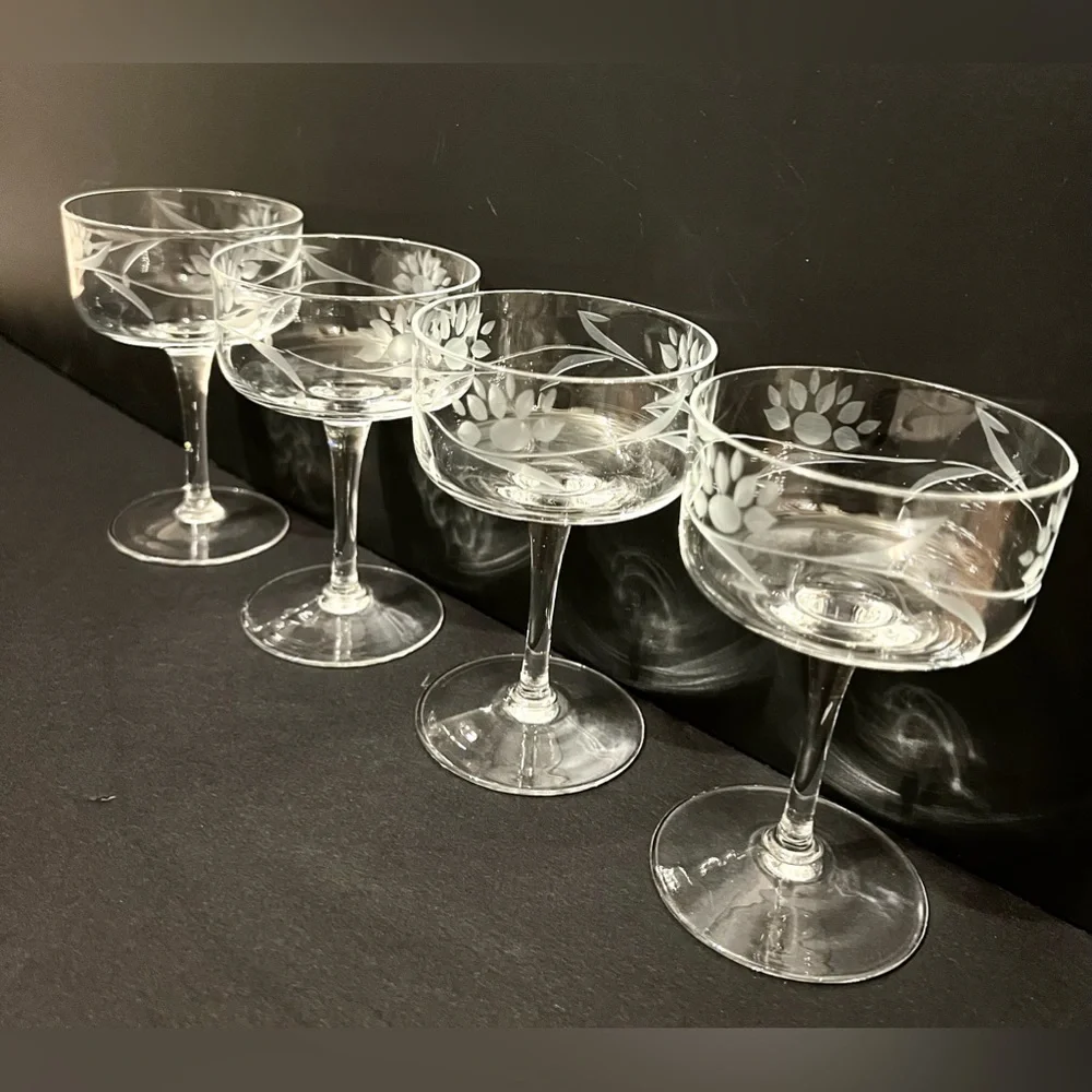 Vintage Etched Crystal Cocktail Glasses, Set of 4